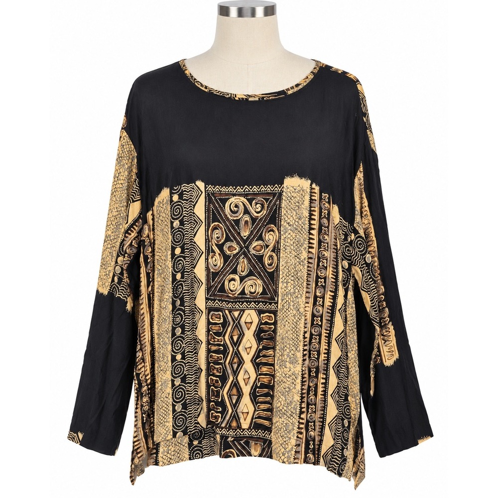 Vintage 90s Beverly Rose Women L Black Gold Abstract Boho Rayon Tunic Top